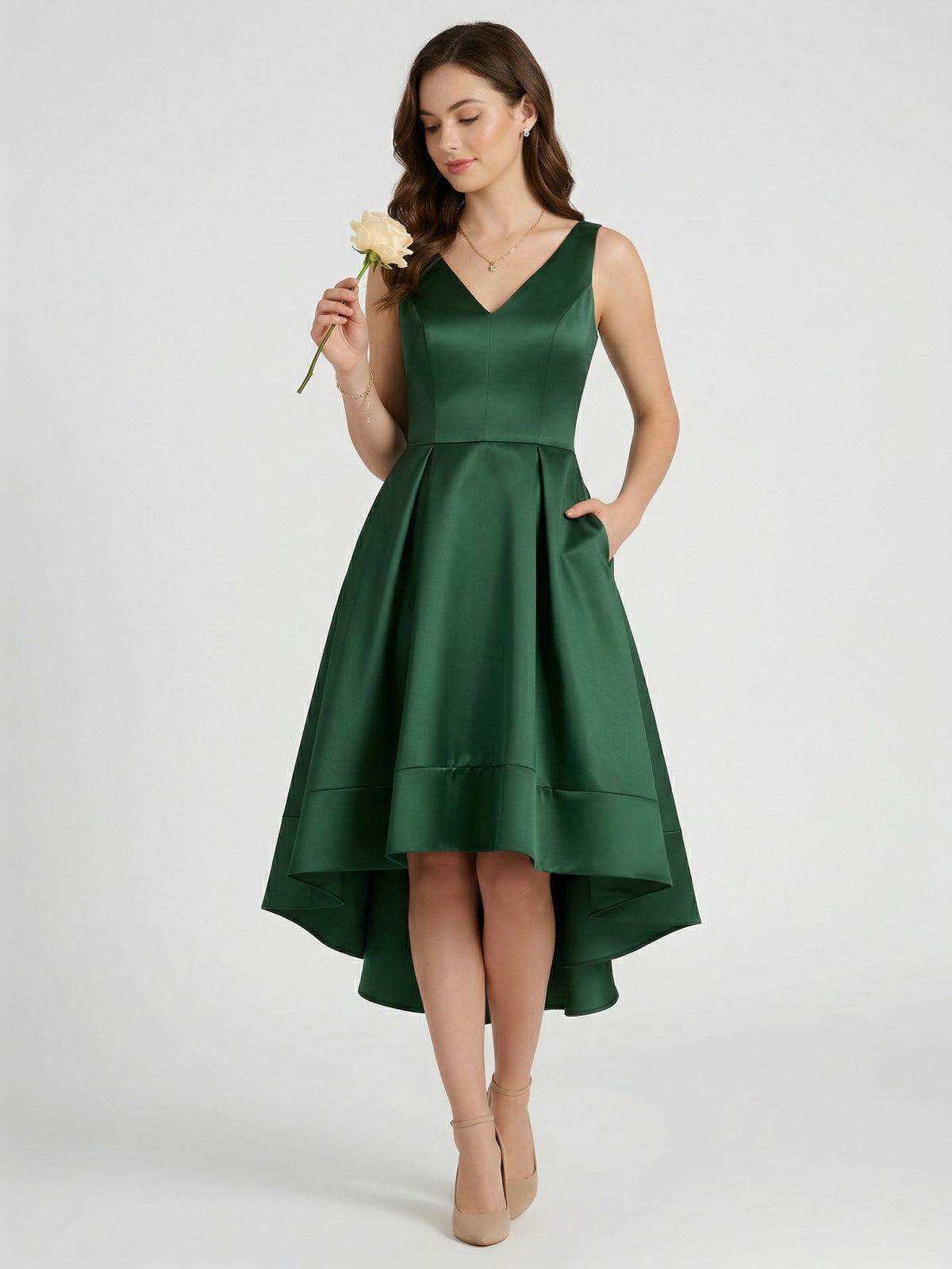 Coquette Emerald Satin A-Line V-Neck V-Back Asymmetrical Bridesmaid Dress - Curvevia