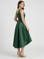 Coquette Emerald Satin A-Line V-Neck V-Back Asymmetrical Bridesmaid Dress - Curvevia