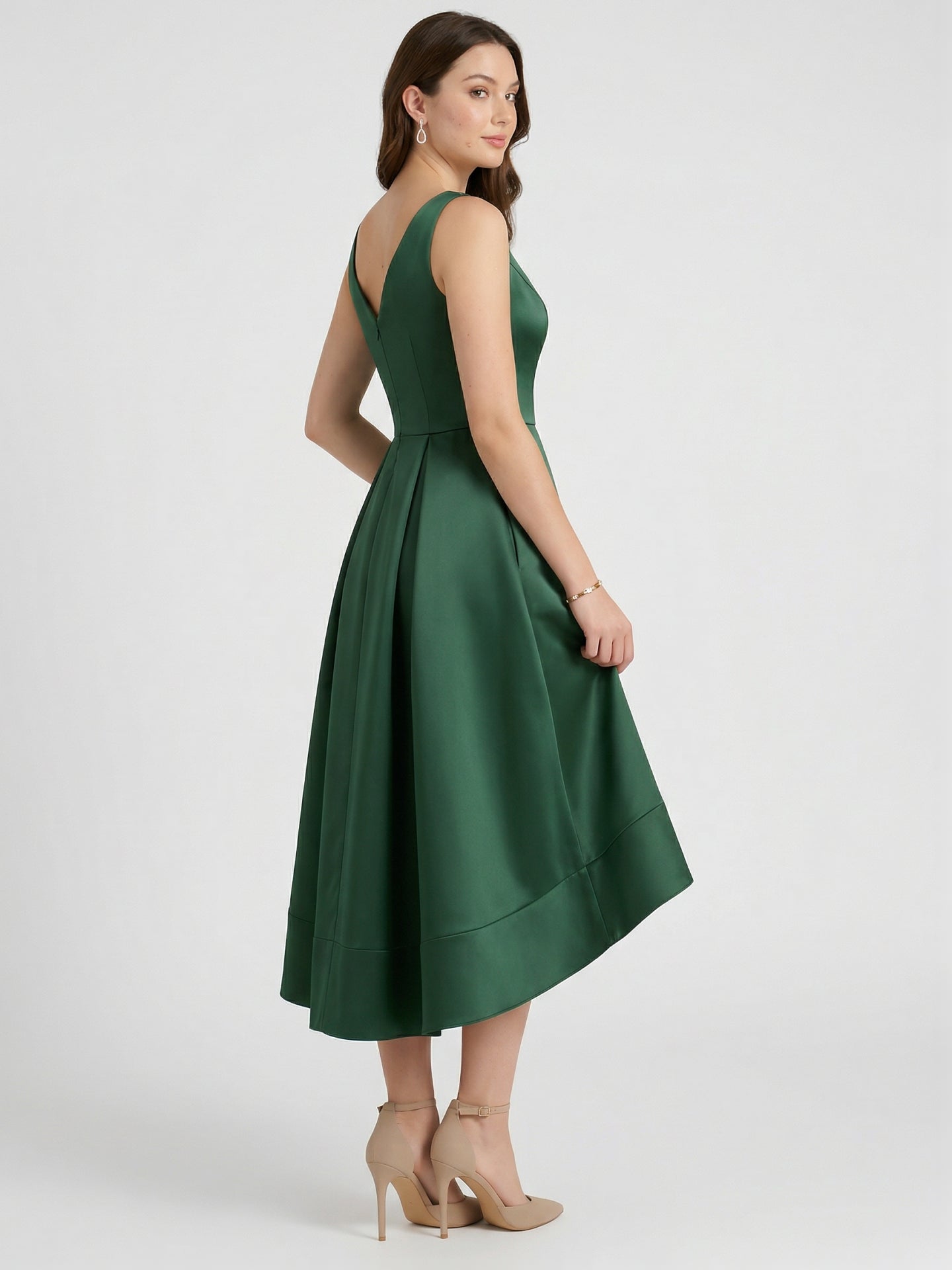 Coquette Emerald Satin A-Line V-Neck V-Back Asymmetrical Bridesmaid Dress - Curvevia