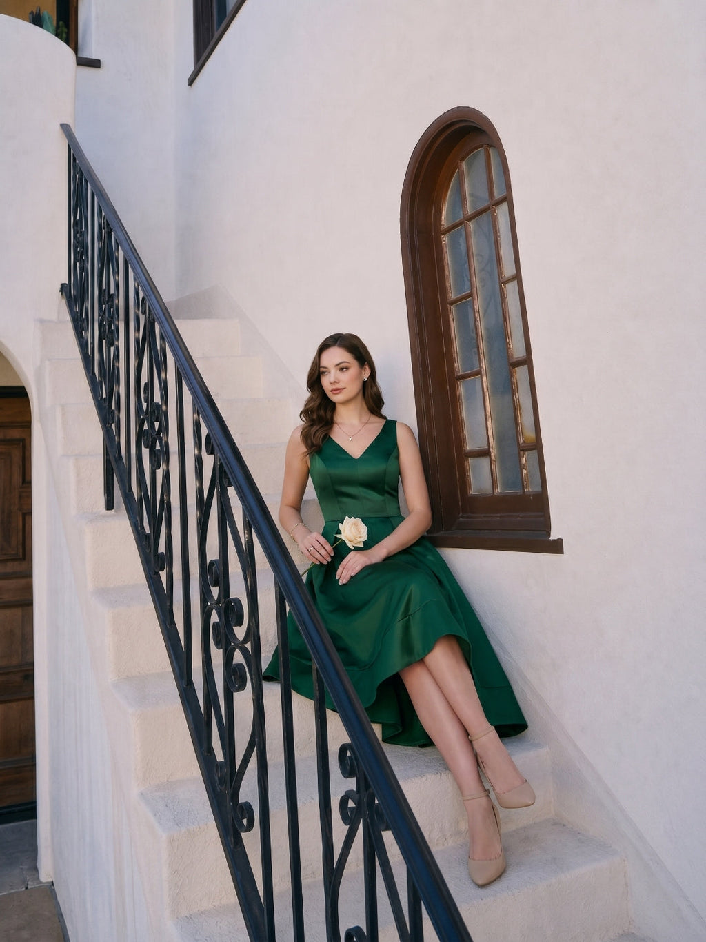 Coquette Emerald Satin A-Line V-Neck V-Back Asymmetrical Bridesmaid Dress - Curvevia