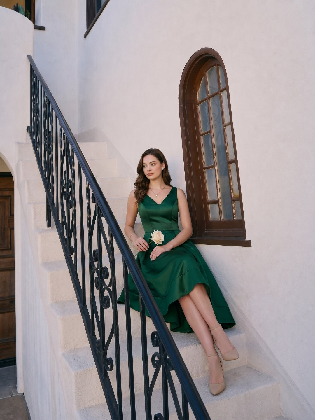 Coquette Emerald Satin A-Line V-Neck V-Back Asymmetrical Bridesmaid Dress - Curvevia