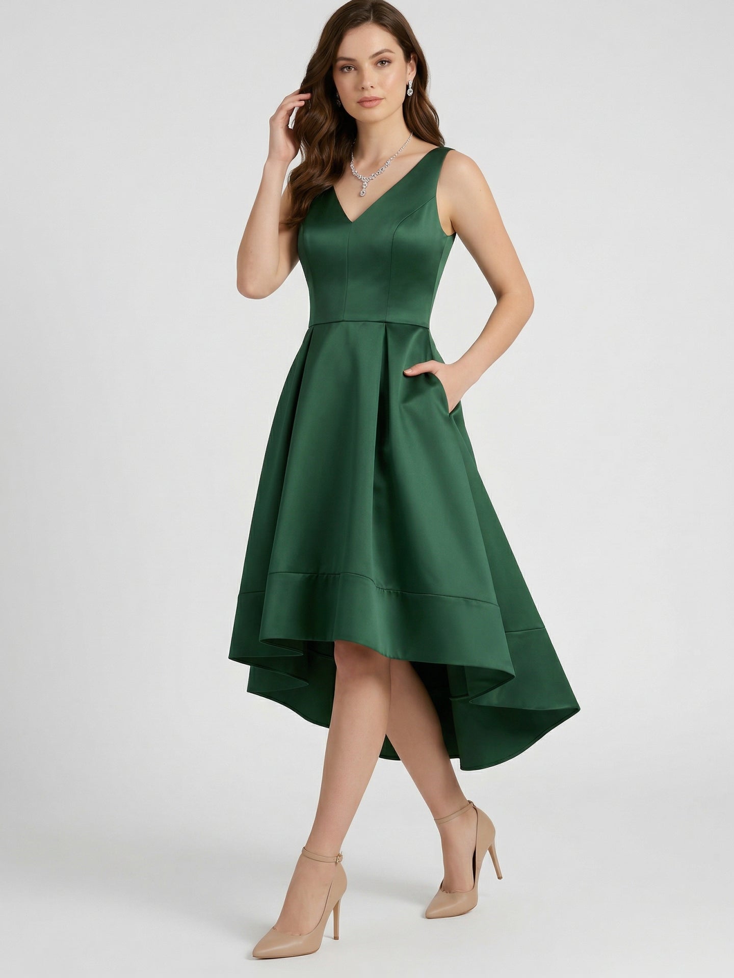 Coquette Emerald Satin A-Line V-Neck V-Back Asymmetrical Bridesmaid Dress - Curvevia