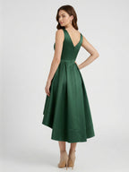 Coquette Emerald Satin A-Line V-Neck V-Back Asymmetrical Bridesmaid Dress - Curvevia