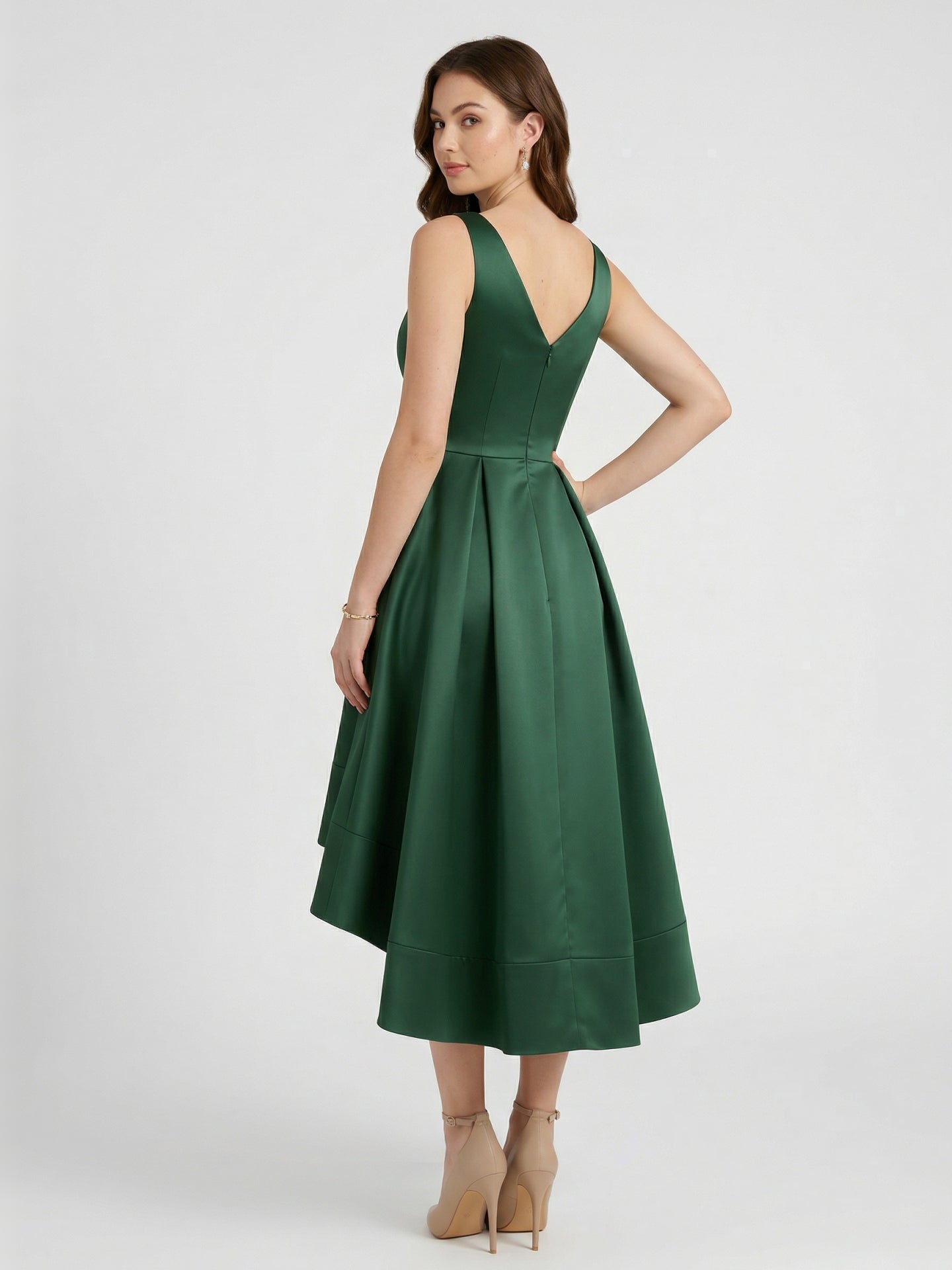 Coquette Emerald Satin A-Line V-Neck V-Back Asymmetrical Bridesmaid Dress - Curvevia