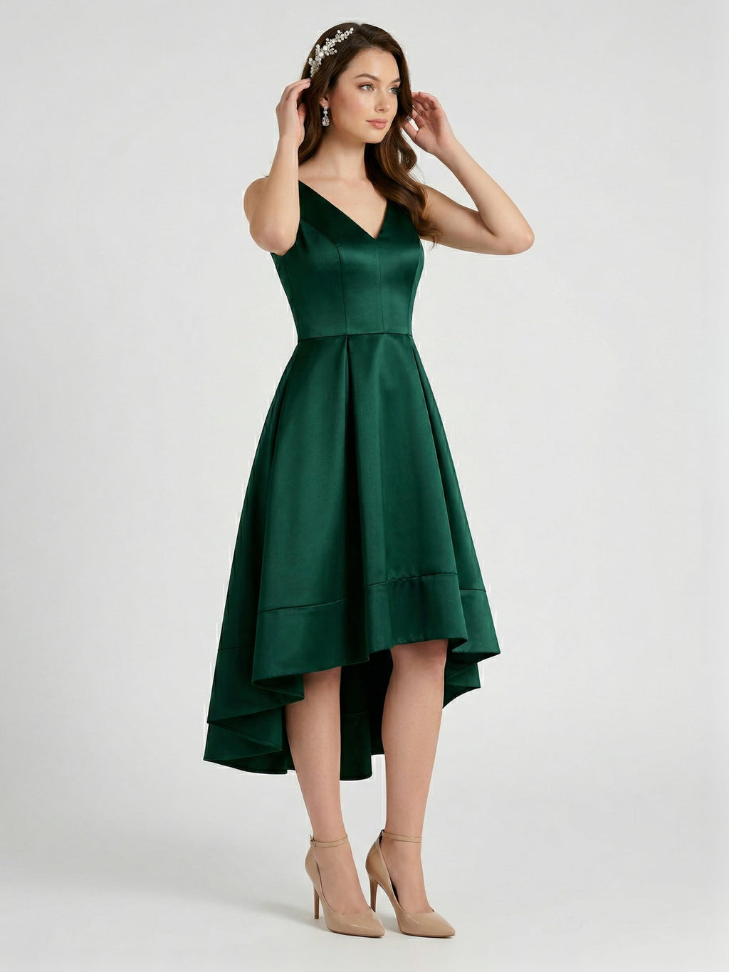 Coquette Emerald Satin A-Line V-Neck V-Back Asymmetrical Bridesmaid Dress - Curvevia
