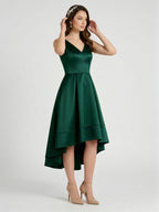 Coquette Emerald Satin A-Line V-Neck V-Back Asymmetrical Bridesmaid Dress - Curvevia