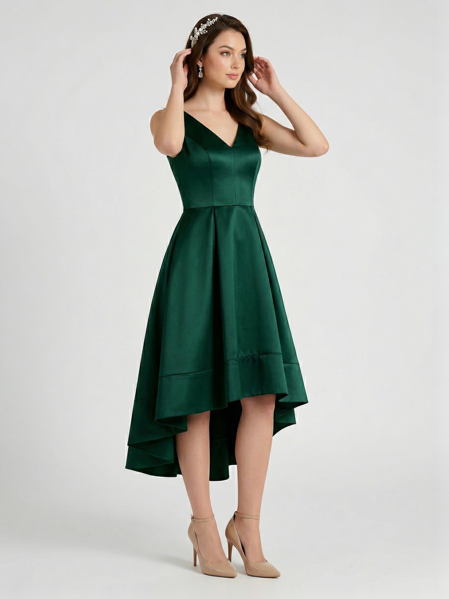 Coquette Emerald Satin A-Line V-Neck V-Back Asymmetrical Bridesmaid Dress - Curvevia