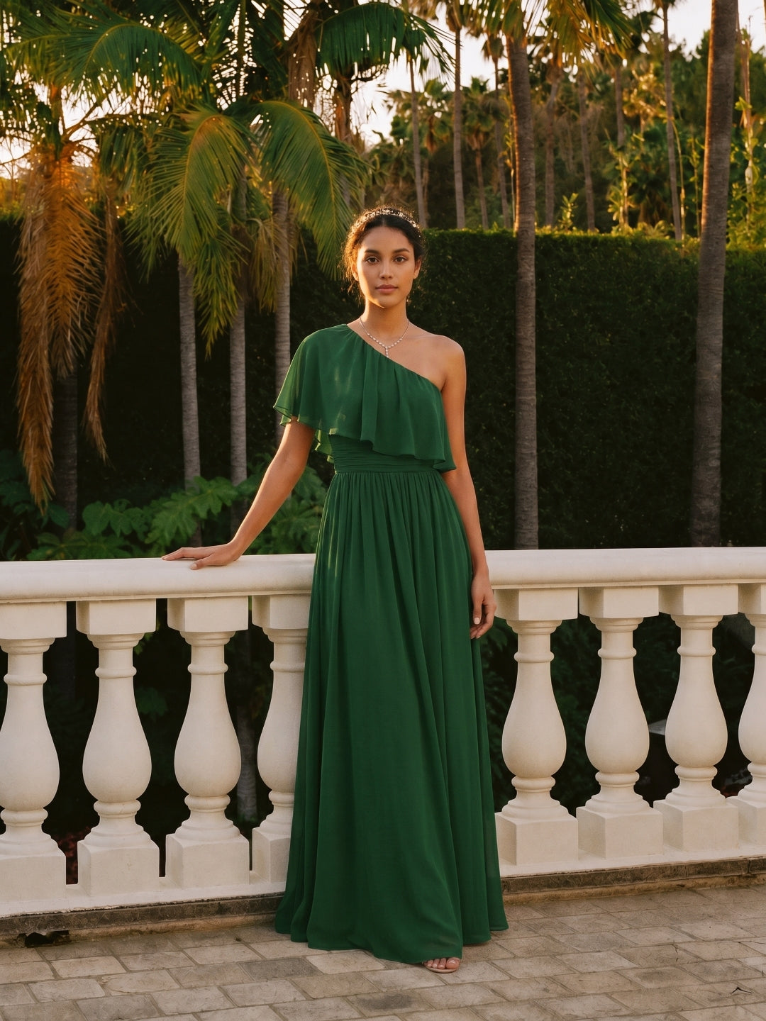 Coquette Forest Green Chiffon A-Line One Shoulder Backless with Pleated Ankle-Length Bridesmaid Dress - Curvevia