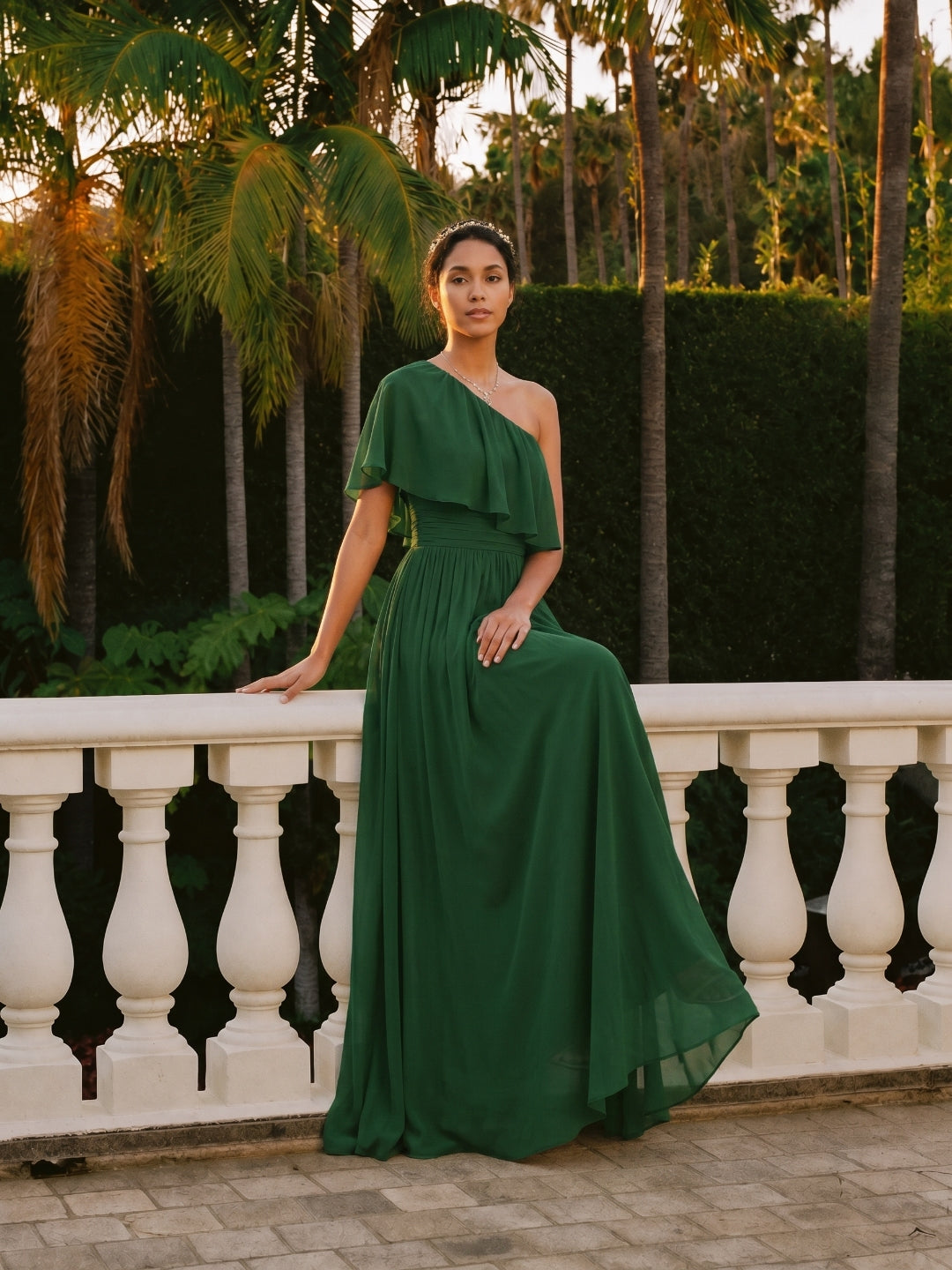 Coquette Forest Green Chiffon A-Line One Shoulder Backless with Pleated Ankle-Length Bridesmaid Dress - Curvevia