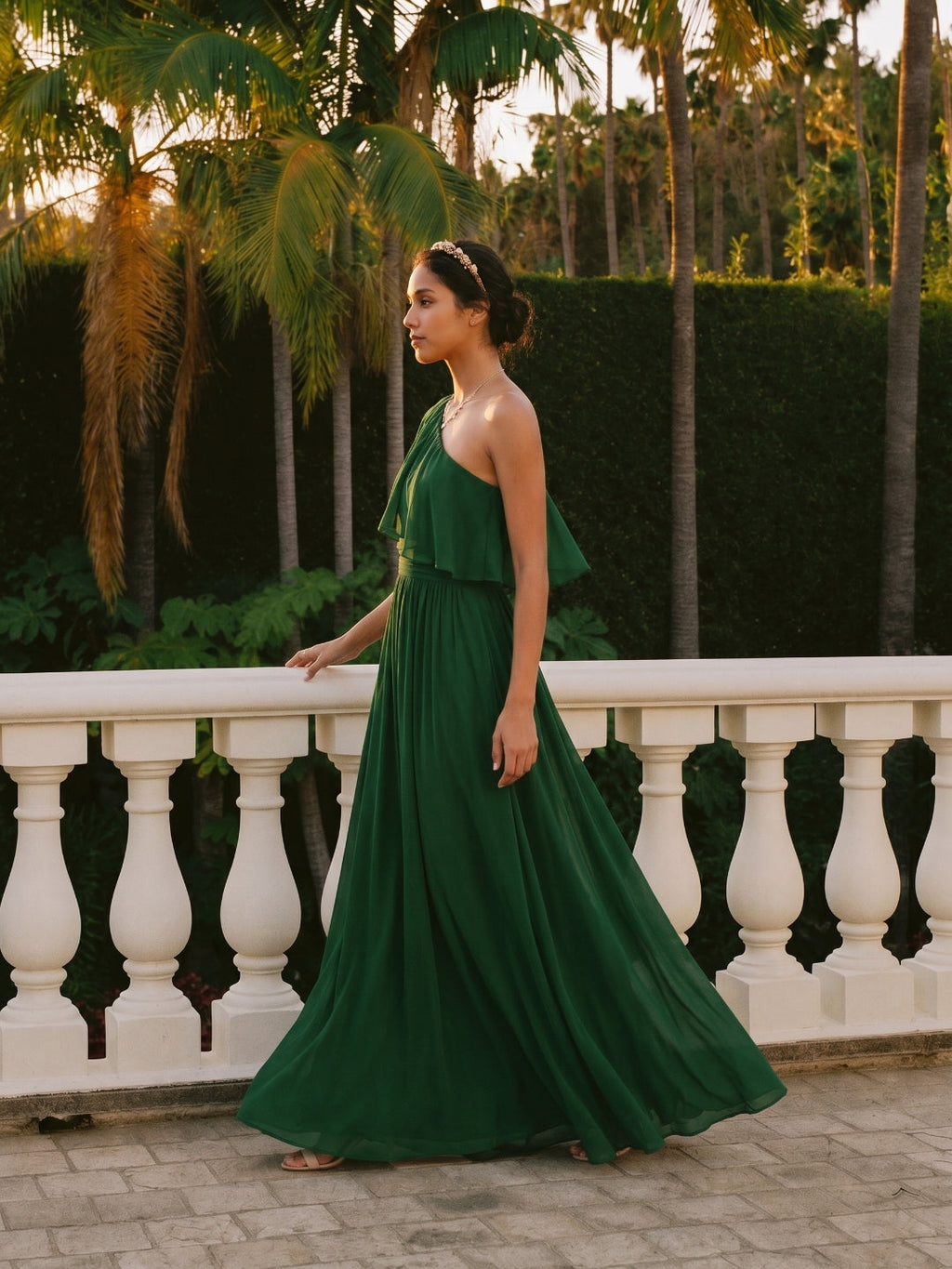 Coquette Forest Green Chiffon A-Line One Shoulder Backless with Pleated Ankle-Length Bridesmaid Dress - Curvevia