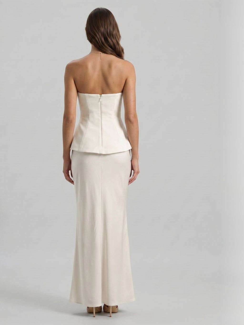 Coquette Ivory Satin Mermaid Off-the-Shoulder Backless Ankle-Length Bridesmaid Dress - Curvevia