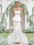 Coquette Ivory Satin Mermaid Off-the-Shoulder Backless Ankle-Length Bridesmaid Dress - Curvevia