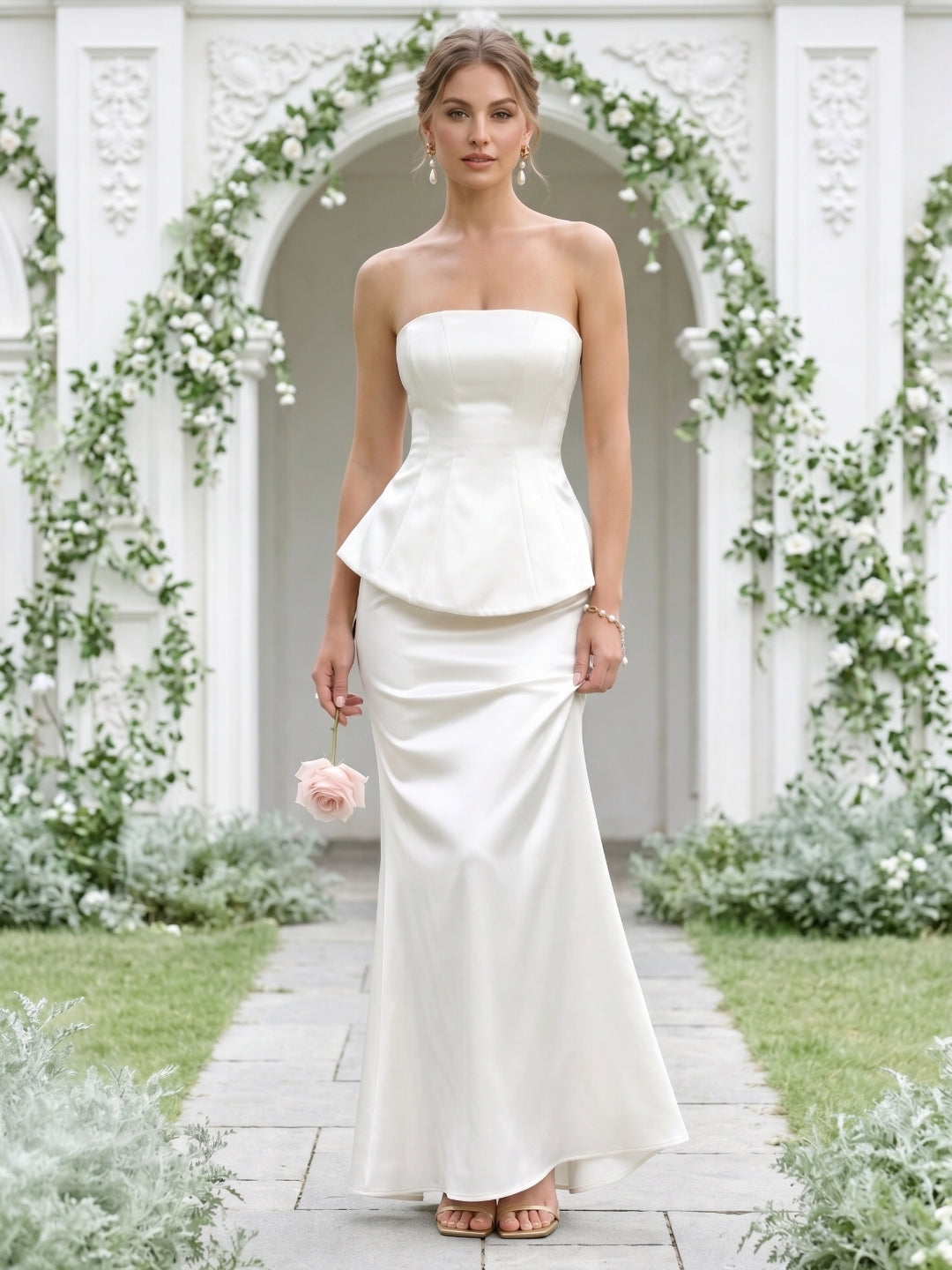 Coquette Ivory Satin Mermaid Off-the-Shoulder Backless Ankle-Length Bridesmaid Dress - Curvevia