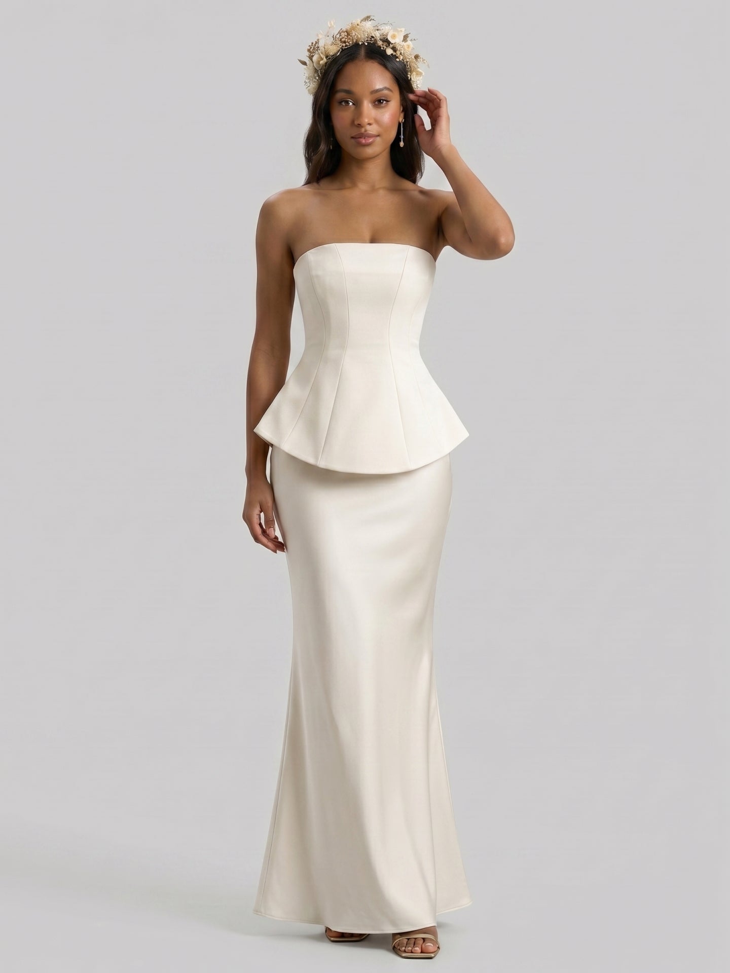 Coquette Ivory Satin Mermaid Off-the-Shoulder Backless Ankle-Length Bridesmaid Dress - Curvevia
