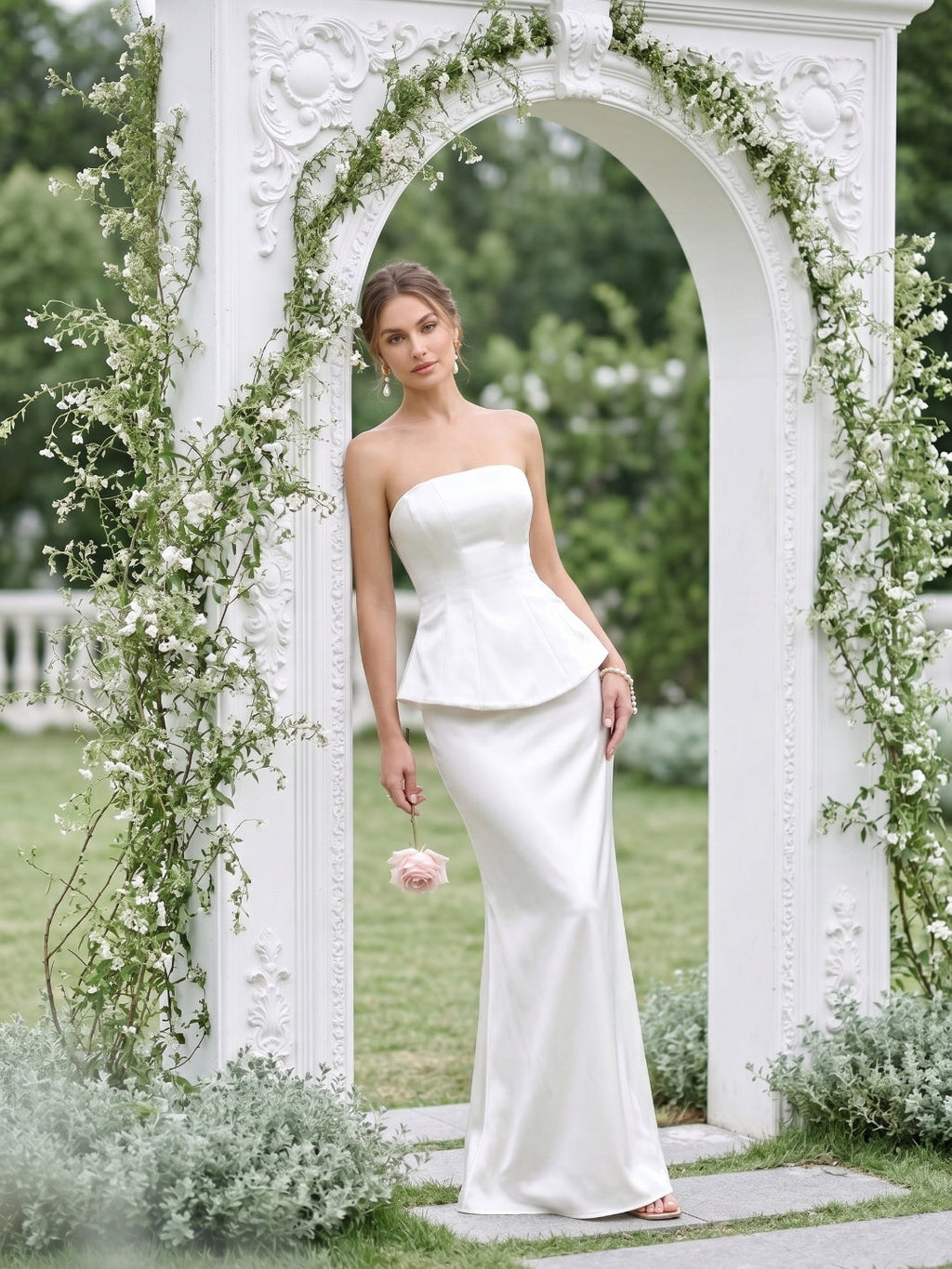 Coquette Ivory Satin Mermaid Off-the-Shoulder Backless Ankle-Length Bridesmaid Dress - Curvevia