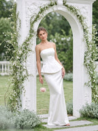 Coquette Ivory Satin Mermaid Off-the-Shoulder Backless Ankle-Length Bridesmaid Dress - Curvevia