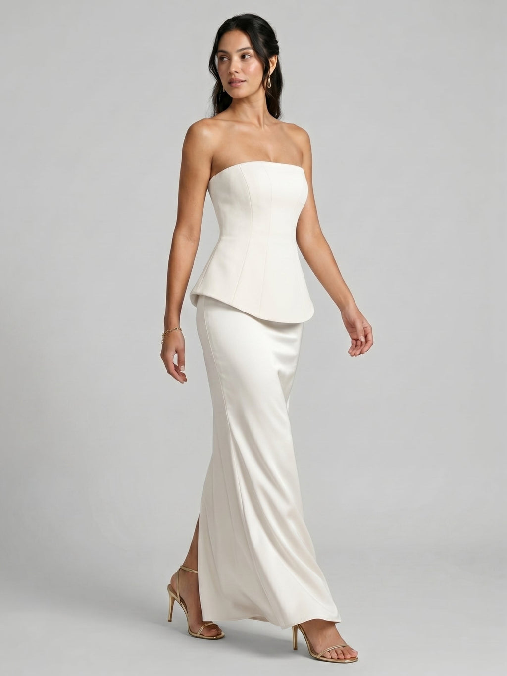 Coquette Ivory Satin Mermaid Off-the-Shoulder Backless Ankle-Length Bridesmaid Dress - Curvevia