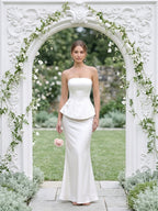 Coquette Ivory Satin Mermaid Off-the-Shoulder Backless Ankle-Length Bridesmaid Dress - Curvevia