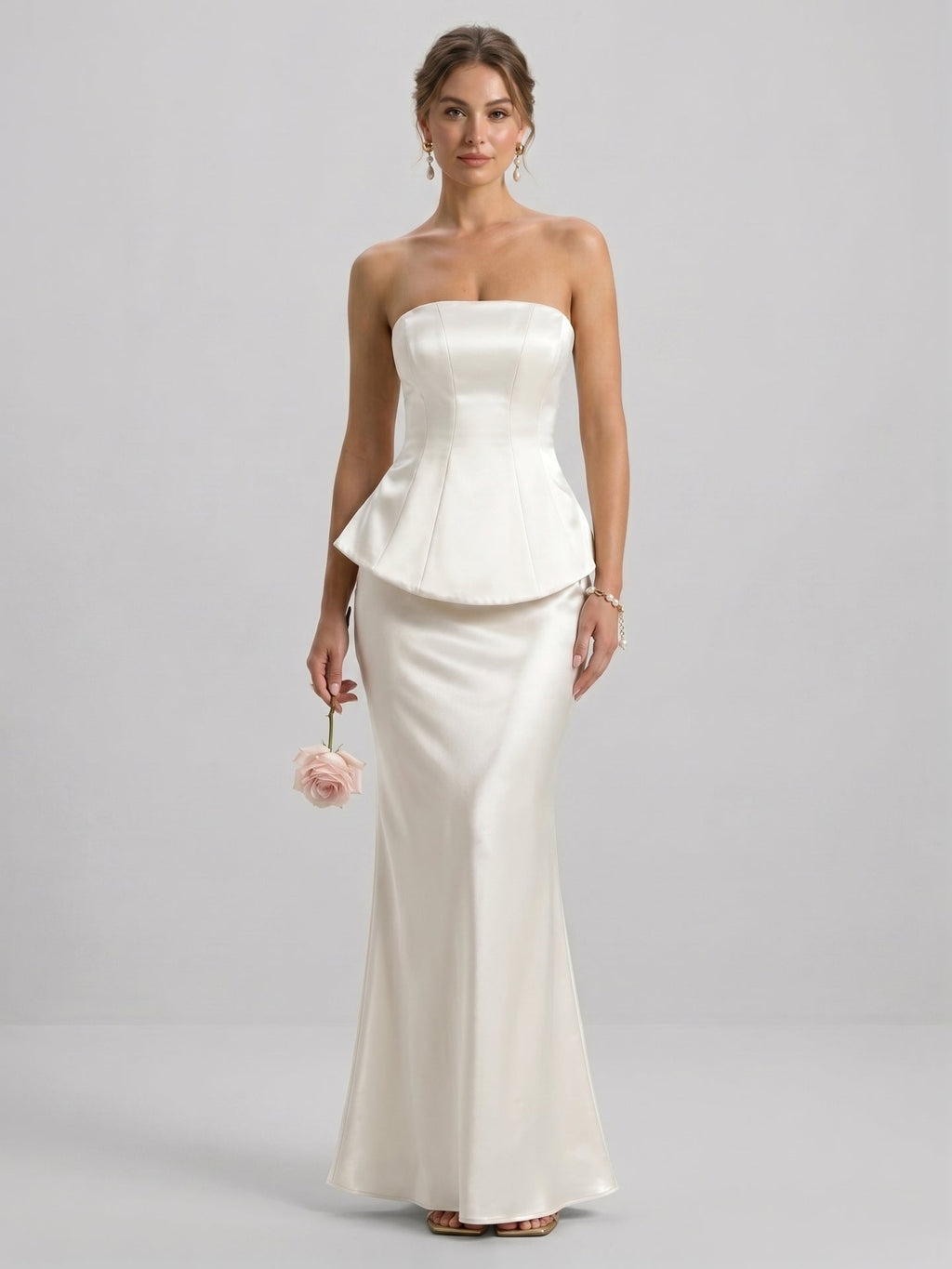 Coquette Ivory Satin Mermaid Off-the-Shoulder Backless Ankle-Length Bridesmaid Dress - Curvevia