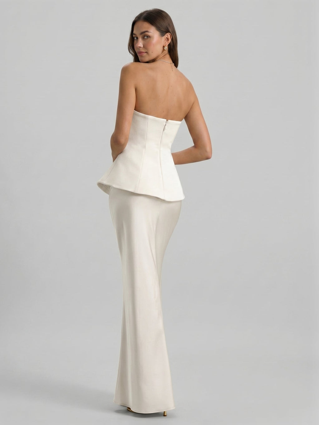 Coquette Ivory Satin Mermaid Off-the-Shoulder Backless Ankle-Length Bridesmaid Dress - Curvevia