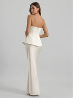 Coquette Ivory Satin Mermaid Off-the-Shoulder Backless Ankle-Length Bridesmaid Dress - Curvevia