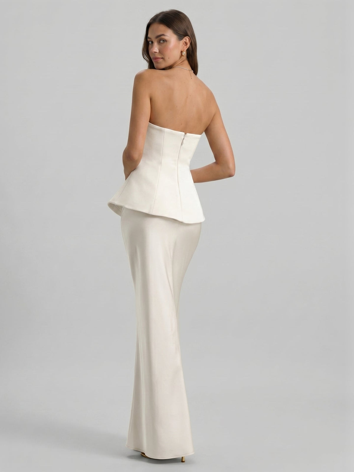 Coquette Ivory Satin Mermaid Off-the-Shoulder Backless Ankle-Length Bridesmaid Dress - Curvevia