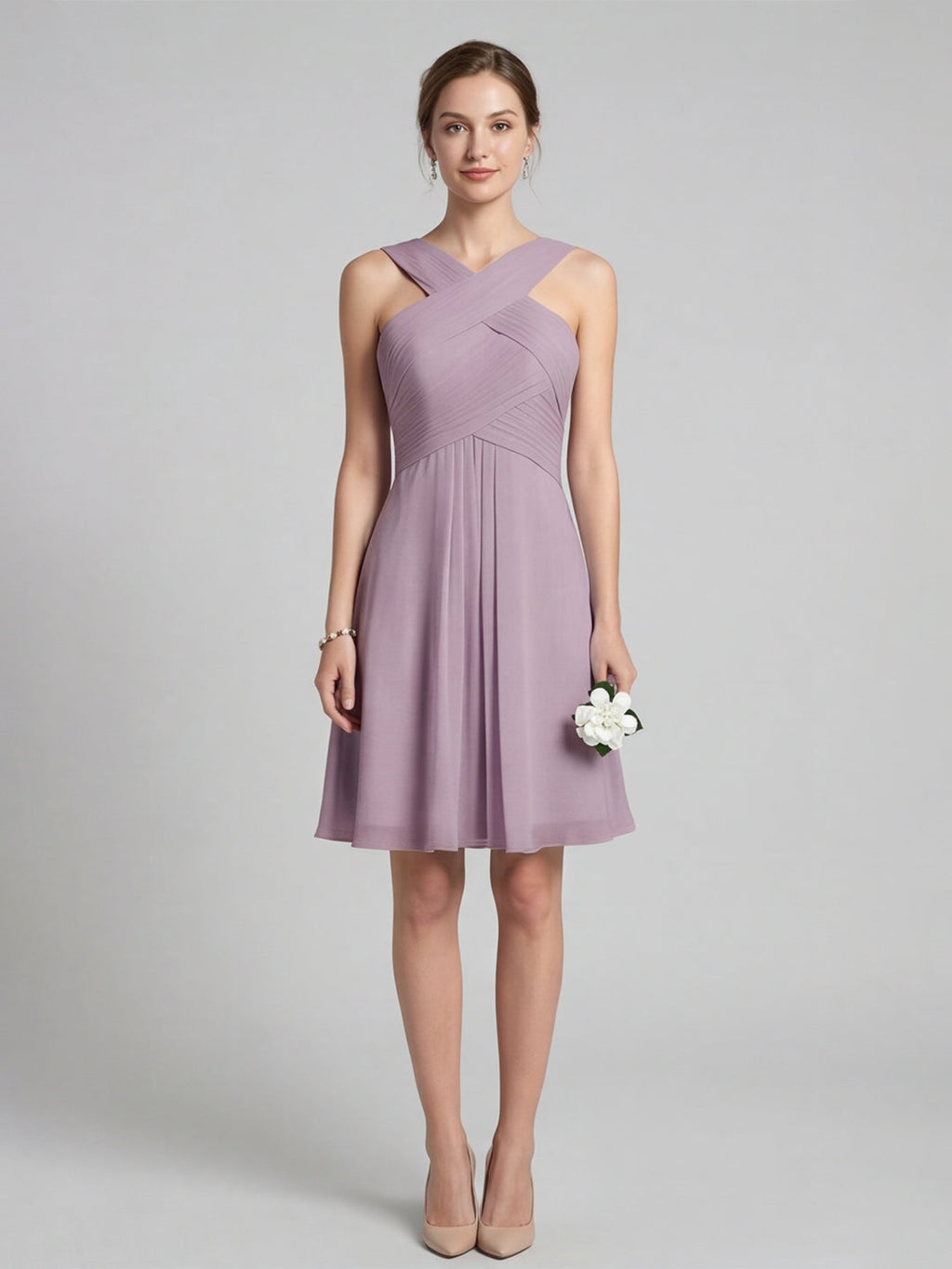 Coquette Lavender Chiffon A-Line Halter neckline Back Zip Knee-Length Bridesmaid Dress - Curvevia