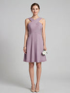 Coquette Lavender Chiffon A-Line Halter neckline Back Zip Knee-Length Bridesmaid Dress - Curvevia