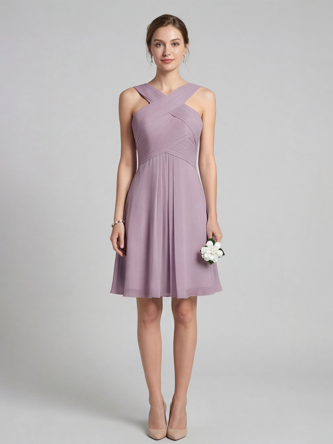 Coquette Lavender Chiffon A-Line Halter neckline Back Zip Knee-Length Bridesmaid Dress - Curvevia