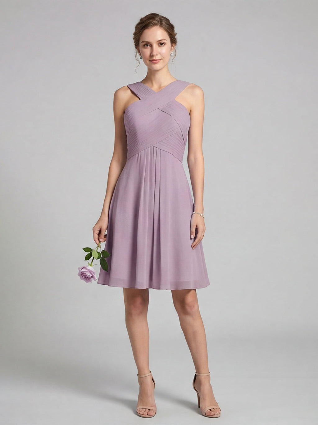 Coquette Lavender Chiffon A-Line Halter neckline Back Zip Knee-Length Bridesmaid Dress - Curvevia