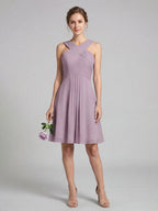 Coquette Lavender Chiffon A-Line Halter neckline Back Zip Knee-Length Bridesmaid Dress - Curvevia