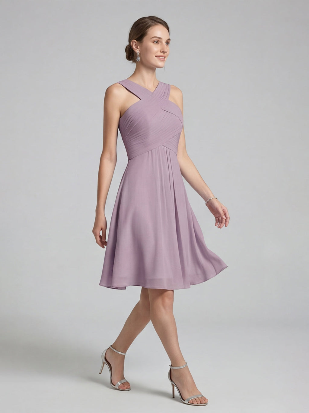 Coquette Lavender Chiffon A-Line Halter neckline Back Zip Knee-Length Bridesmaid Dress - Curvevia