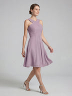Coquette Lavender Chiffon A-Line Halter neckline Back Zip Knee-Length Bridesmaid Dress - Curvevia