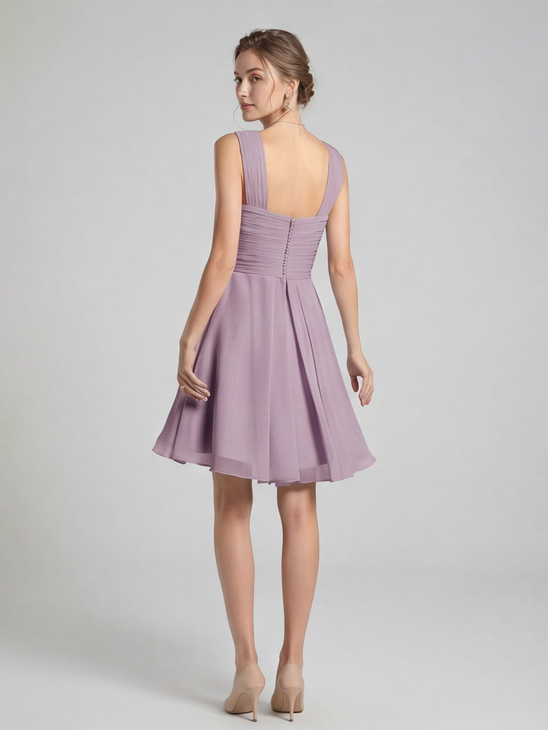Coquette Lavender Chiffon A-Line Halter neckline Back Zip Knee-Length Bridesmaid Dress - Curvevia
