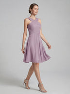 Coquette Lavender Chiffon A-Line Halter neckline Back Zip Knee-Length Bridesmaid Dress - Curvevia