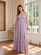 Coquette Lavender Chiffon A-Line Straight Neck Backless Ankle-Length Plus Size Bridesmaid Dress - Curvevia