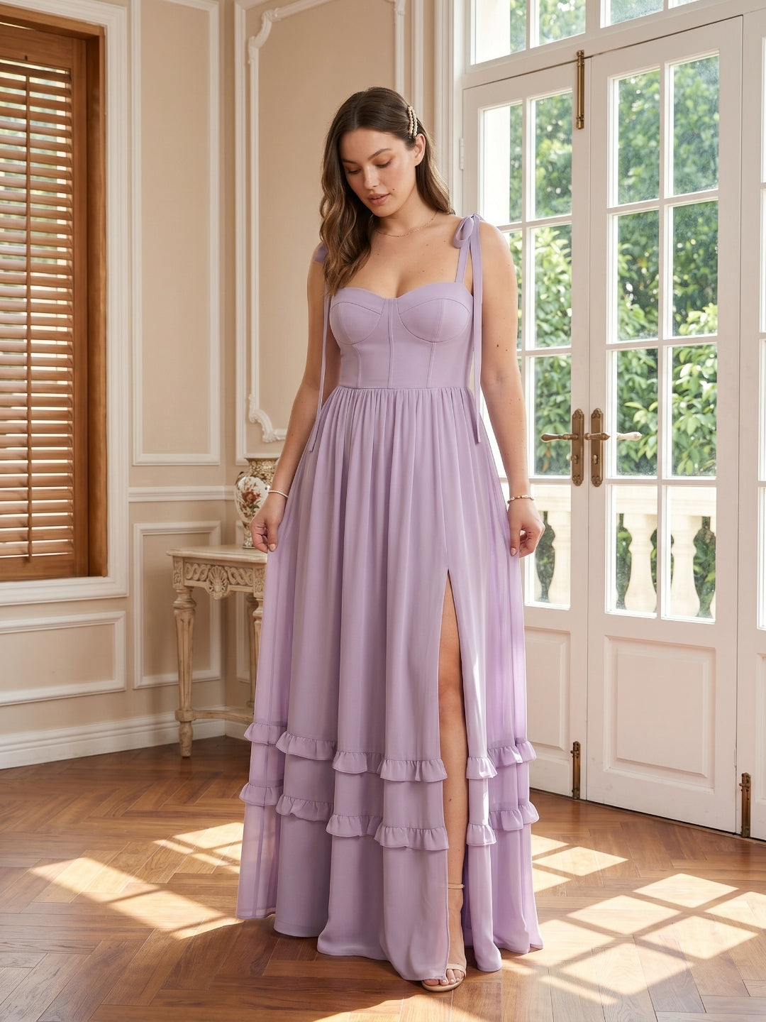 Coquette Lavender Chiffon A-Line Straight Neck Backless Ankle-Length Plus Size Bridesmaid Dress - Curvevia
