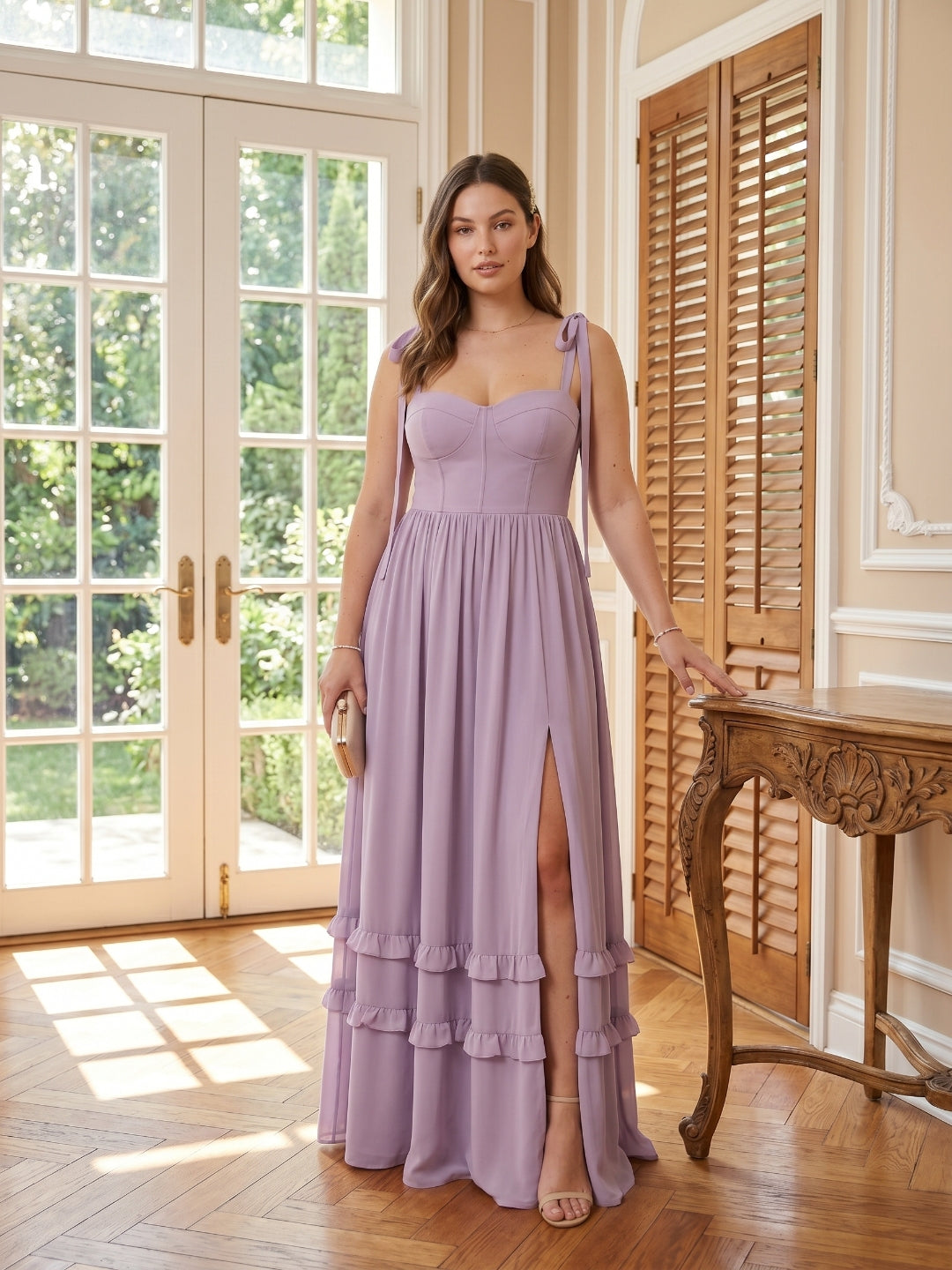 Coquette Lavender Chiffon A-Line Straight Neck Backless Ankle-Length Plus Size Bridesmaid Dress - Curvevia