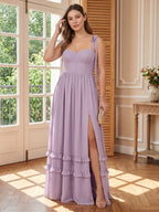 Coquette Lavender Chiffon A-Line Straight Neck Backless Ankle-Length Plus Size Bridesmaid Dress - Curvevia