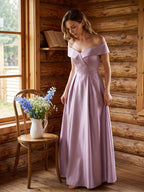 Coquette Lavender Satin A-Line Off-the-Shoulder Back Zip Ankle-Length Bridesmaid Dress - Curvevia