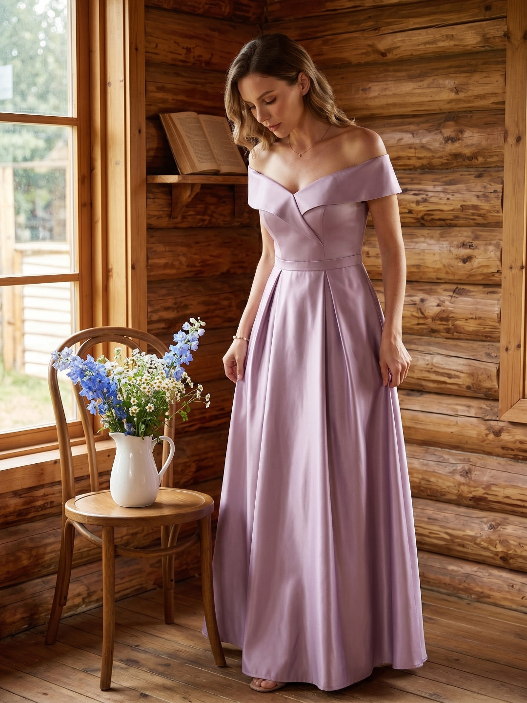 Coquette Lavender Satin A-Line Off-the-Shoulder Back Zip Ankle-Length Bridesmaid Dress - Curvevia