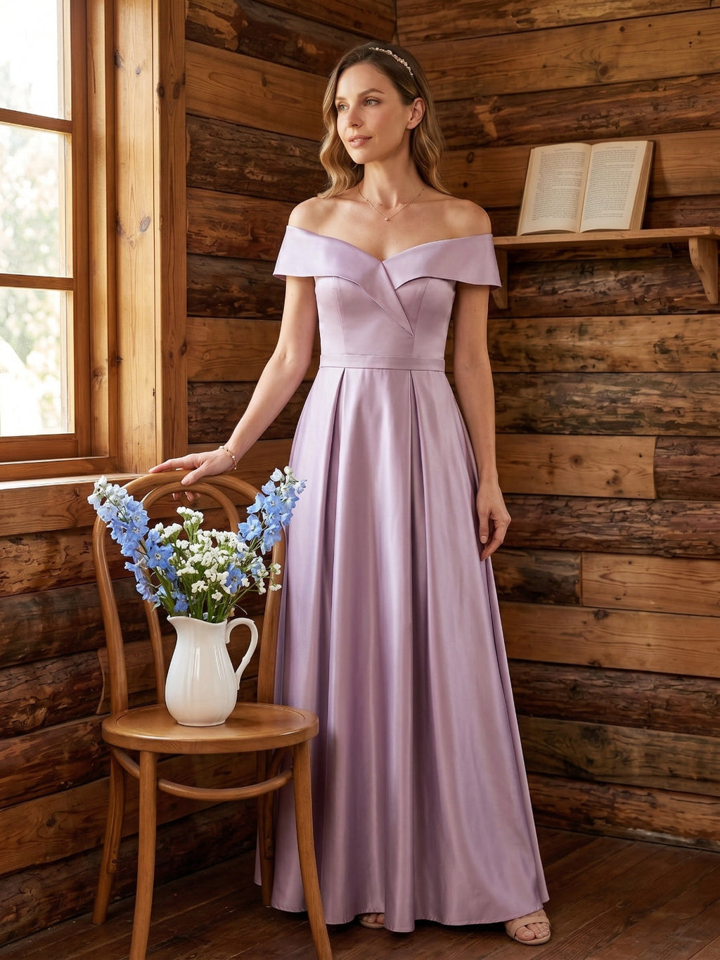 Coquette Lavender Satin A-Line Off-the-Shoulder Back Zip Ankle-Length Bridesmaid Dress - Curvevia