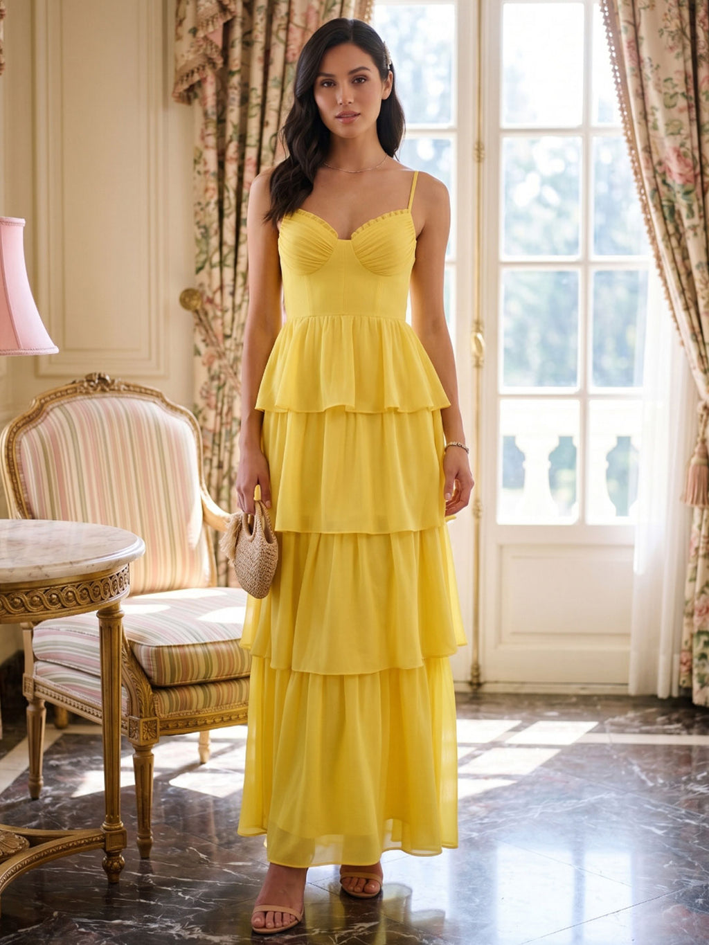 Coquette Lemon Chiffon A-Line Square Neck Backless with Cascading Ruffles Ankle-Length Bridesmaid Dress - Curvevia