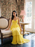 Coquette Lemon Chiffon A-Line Square Neck Backless with Cascading Ruffles Ankle-Length Bridesmaid Dress - Curvevia