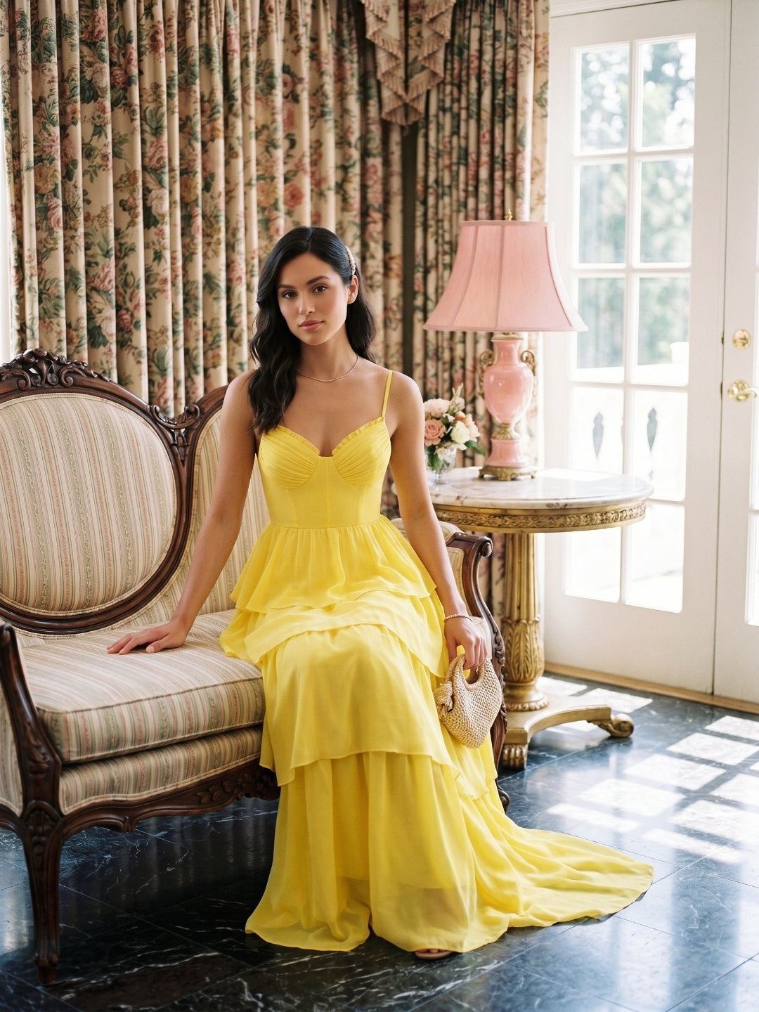 Coquette Lemon Chiffon A-Line Square Neck Backless with Cascading Ruffles Ankle-Length Bridesmaid Dress - Curvevia