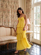 Coquette Lemon Chiffon A-Line Square Neck Backless with Cascading Ruffles Ankle-Length Bridesmaid Dress - Curvevia