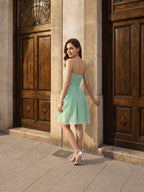 Coquette Mint Green Chiffon A-Line Sweetheart Criss-Cross Straps with Ruffle Knee-Length Bridesmaid Dress - Curvevia