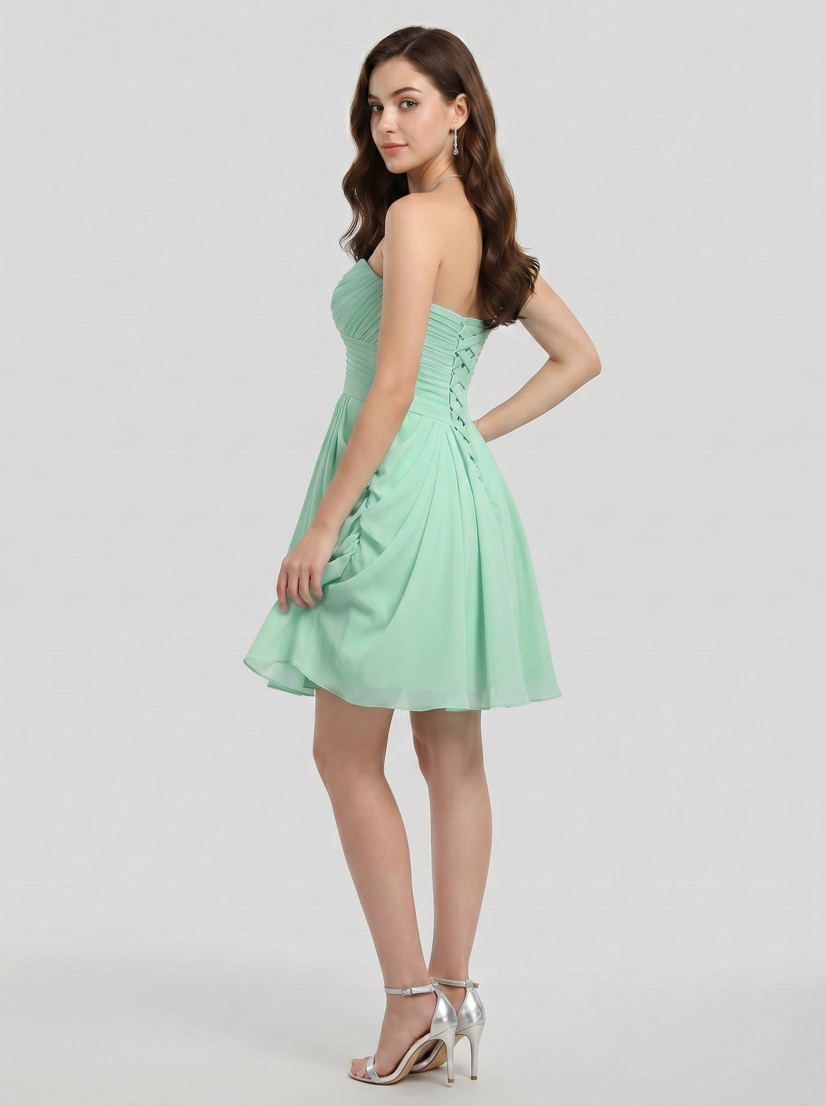 Coquette Mint Green Chiffon A-Line Sweetheart Criss-Cross Straps with Ruffle Knee-Length Bridesmaid Dress - Curvevia