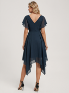 Coquette Navy Blue Chiffon A-Line V-Neck V-Back with nan Asymmetrical Bridesmaid Dress - Curvevia