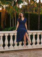 Coquette Navy Blue Chiffon A-Line V-Neck V-Back with nan Asymmetrical Bridesmaid Dress - Curvevia
